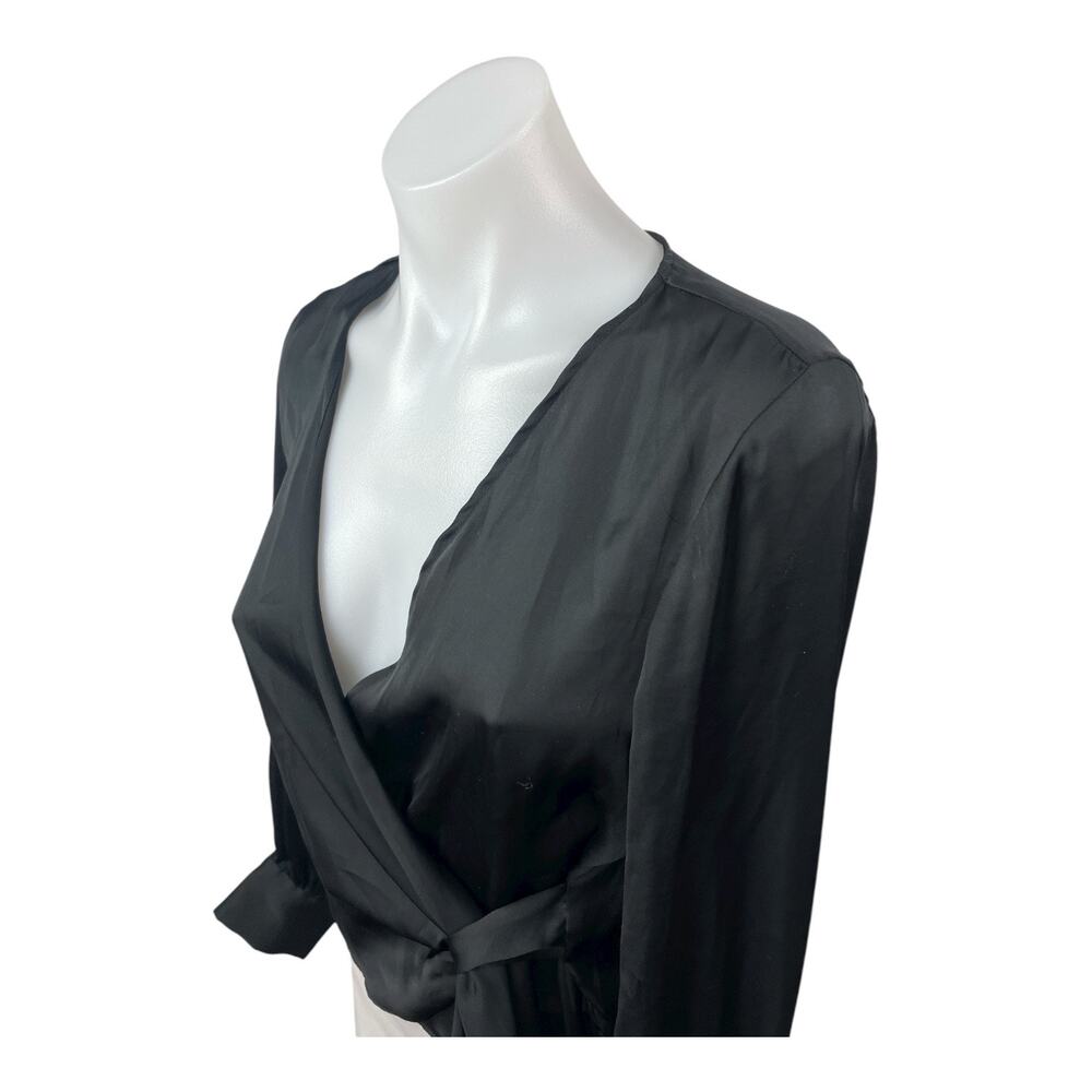 Zara Women's Black Silky Satin Sheer V Neck Long Sleeve Crop Wrap Blouse Top XS - Picture 2 of 6